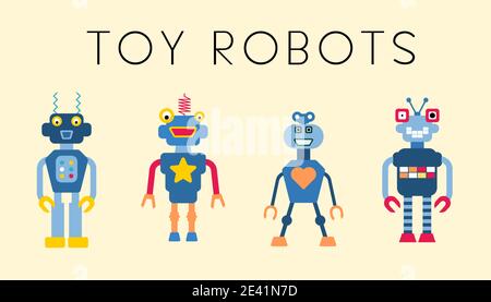 Collezione vettoriale di robot giocattolo vintage. Serie di illustrazioni dei personaggi robot in stile retrò. Illustrazione Vettoriale