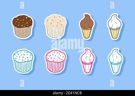 Cupcakes e gelato insieme doodle illustrazione vettore. Illustrazione Vettoriale