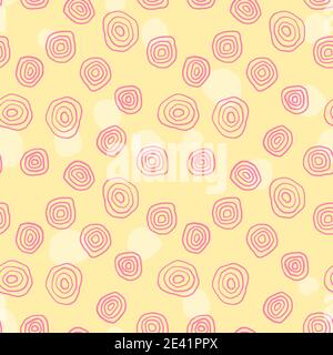 Stampa tessile motivo senza giunture. Disegno vettoriale con cerchi colorati disegnati a mano. Colore rosa su giallo. Illustrazione Vettoriale