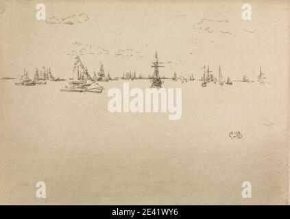 Stampa realizzata da James McNeill Whistler, 1834â–1903, americano, attivo in Gran Bretagna (dal 1859), The Turret-Ship, 1887. Acquaforte su carta deposte d'antiquariato crema, leggermente testurizzata. Barche , mordere , bandiere , recensione flotta , flottilla , giubileo , arte marina , alberi , marina , vela , mare , nave. Inghilterra , Europa , Hampshire , Spihead , Regno Unito Foto Stock