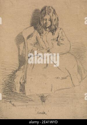 Stampa realizzata da James McNeill Whistler, 1834â–1903, americano, attivo in Gran Bretagna (dal 1859), Little Annie seduto, non datato. Incisione su carta media, leggermente testurizzata, beige posata. Sedia , bambino , abito , genere soggetto , ragazza , ombra Foto Stock