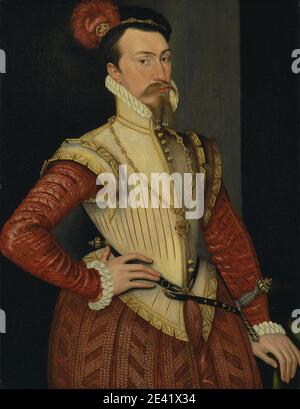 Steven van der Meulen, attivo 1543â–1563, olandese, attivo in Gran Bretagna (dal 1560), naturalizzato 1562, Robert Dudley, primo conte di Leicester (1532/3â–1588), ca. 1565. Olio su pannello. Aglet , aiguillette (corde) , barba , cintura , collare , costume , doppietta , conte , piuma , treccia d'oro , copricapo , capo , uomo , medaglione , baffi , collana , motivo , pendente , ritratto , volant , spada , Tudor. Dudley, Robert, conte di Leicester (1532/3â-1588), cortigiano e magnate Foto Stock