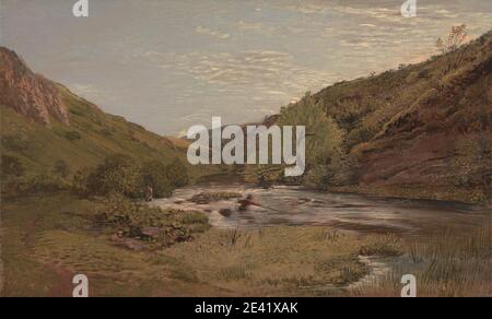 John Linnell, 1792â–1882, inglese, a Dovedale, dal 1814 al 1815. Olio su carta montato su pannello. Cappelli (copricapo) , pescatore , pesca , colline , paesaggio , uomo , montagne , fiume , rurale , ruscello , acqua. Derbyshire , dove , Inghilterra , Europa , Peak District National Park , Regno Unito Foto Stock