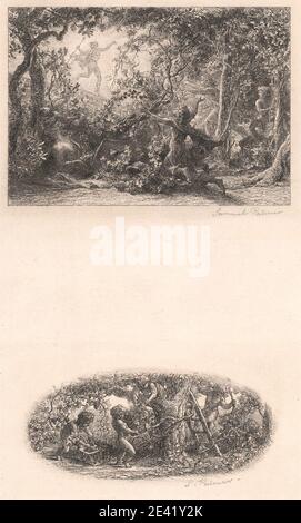 Stampa di Samuel Palmer, 1805â–1881, inglese, attivo in Italia (1837â–39), The Vine, 1852. Acquaforte e secchezza, ritoccati con acquerello bianco, gouache o gesso su carta spessa, liscia, crema di wove. Cestini , capo , cherubini , mantello , figure , fogliame , cibo , uva , scala , paesaggio , foglie , luce , monarca , soggetto religioso e mitologico , aspetti specifici, Aspetti allegorici di Bacco; Bacco come patrono , alberi , iva , vite , vino. Shakespeare, William (1564â-1616), drammaturgo e poeta Bacco Foto Stock