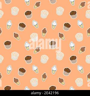 Cupcake e gelato. Sfondo senza interruzioni. Modello vettoriale senza giunture. Illustrazione Vettoriale