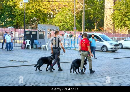 Due ufficiali di polizia con cani pattugliando popolare luogo turistico Sultanahmet piazza a Istanbul. Foto Stock