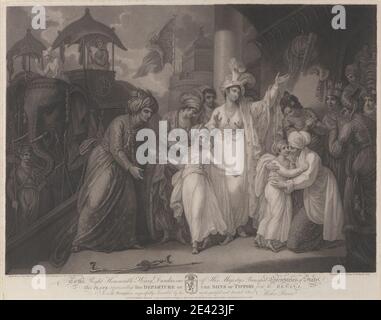 Stampa di Francesco Bartolozzi RA, 1728â–1815, italiano, attivo in Gran Bretagna (1764â–99), la partenza dei figli di Tippoo dallo Zenana, 1793. Incisione a pioli su carta media, leggermente testurizzata, color crema wove. Elefanti (animali) , soggetto storico , ostaggi , partenza , ritratto , principi , regalità , figli , sultani , terza guerra Angloâ-Mysore (1789â-1792) , turbanti , guerra. India , Mysore. Tipu Sultano di Mysore (1750â-1799) Foto Stock