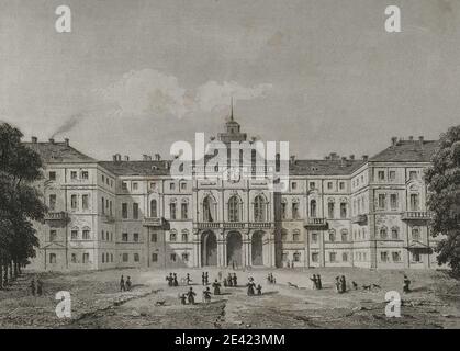 Russia, Strelna (dintorni di San Pietroburgo). Palazzo Konstantin. Alla fine del XVIII secolo Strelna divenne la residenza dei Granduchi della casa di Romanov. Incisione di Lemaitre e Cholet. Storia della Russia di Jean Marie Chopin (1796-1870). Panorama Universal, edizione spagnola, 1839. Foto Stock