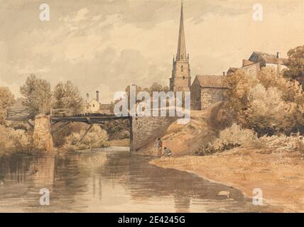 Henry Edridge, 1769â–1821, britannico, on the Monnow, Monmouth, senza nome. Acquerello, gouache bianco, e grafite con graffiatura su carta media, moderatamente testurizzata, crema wove. Soggetto architettonico , ponte (opera costruita) , chiesa , genere soggetto , case , paesaggio , tempo libero , uomini , fiume , alberi. Europa , Monmouth , Monnow , Regno Unito , Galles Foto Stock