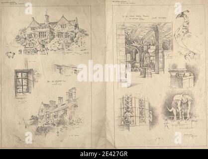 Augustus Welby Northmore Pugin, 1812â-1852, British, Rambling Sketces, da ; 'The British Architecture', 1883. Litografia su carta sottile, liscia, color crema. Animali , soggetto architettonico , scimmie , museo , pavone , scienza Foto Stock