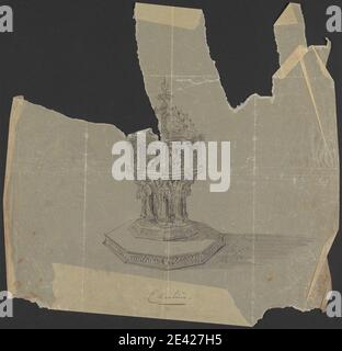 Augustus Welby Northmore Pugin, 1812â–1852, inglese, elevazione di un fonte battesimale, senza fonte. Penna e inchiostro nero su carta da ricalco sottile, liscia, crema. Angeli , soggetto architettonico , caratteri battesimali , elevazioni (disegni) , Gotico (medievale) Foto Stock