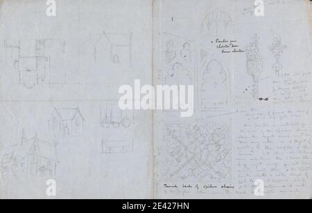 Augustus Welby Northmore Pugin, 1812â–1852, inglese, schizzi di case e una pianta del pavimento e disegni per la sedia del relatore e pannelli sulla porta del chiostro, non datati. Grafite e pennello e inchiostro nero su carta sottile, liscia, blu wove soggetto architettonico , sedia , chiesa , chiostro , disegni , porte , piantine , Gotico (medievale) , casa , chiave , ornamento , scettro , guglia , campanile , finestre Foto Stock