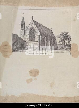 Stampa realizzata da Augustus Welby Northmore Pugin, 1812â–1852, British, Bishop's Chapel Bishop Eton (costruito c.. 1845-1850), non ondeggiato. Litografia su carta sottile, liscia, blu wove soggetto architettonico , vescovi , cappella , crocifissi , vetrate , campanile , alberi , finestre. Eton Foto Stock