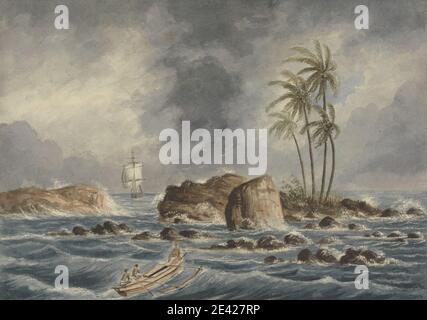 Charles Dyce, attivo 1848, britannico, Point de Galle, Ceylon (Sri Lanka), ca. 1849. Acquerello su grafite con raschiatura su carta media, leggermente testurizzata, crema di wove. Imbarcazione , arte marina , uomini , palme , rocce (forme di terra) , nave , tempesta , onde (eventi naturali). Asia , Ceylon , Point de Galle , Sri Lanka Foto Stock