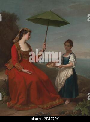 George James, attivo da 1755â-morto 1795, britannico, UNA lunghezza intera di una Signora di Neturrio, un porto marittimo nei territori del Papa, ha esposto 1762. Olio su tela. Cesto , studio della figura , soggetto del genere , parasolo , rosso , conchiglia Foto Stock