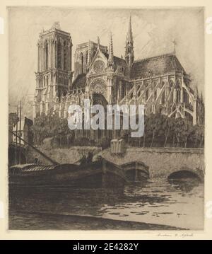 Stampa realizzata da Andrew Fairbairn Affleck, 1874/7â–1936, Notre Dame, 1908. Incisione e secchezza su carta panna leggermente spessa, leggermente testurizzata. Archi , soggetto architettonico , architettura , chiatte (natante a fondo piatto) , ponte (opera costruita) , cattedrale , paesaggio urbano , croci (oggetti) , contrafforti volanti , gargoyle , fiume , rosoni , marinai , campanili , torri (divisioni edili) , alberi. CathÃ©drale Notre-Dame de Paris , Francia , Parigi , Pont au Double , Seine , Ville de Paris, DÃ©appartment de , ÃŽle-de-France Foto Stock