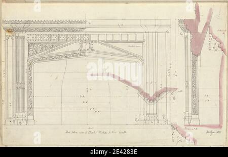 Augustus Welby Northmore Pugin, 1812â–1852, British, Bishop's Palace, Wells, Somerset: Elevazione del camino in Cloisters, 1832. Penna e inchiostro nero e violetto con inchiostro grafite e viola su carta media, liscia, crema wove. Soggetto architettonico , caminetti , gotico (medievale) , palazzo , sezioni. Pozzi Foto Stock