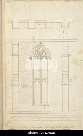 Augustus Welby Northmore Pugin, 1812â–1852, britannico, Palazzo del Vescovo, Wells, Somerset: Elevazione della Grande Sala, non datata. Penna e inchiostro nero, grigio e violetto con grafite su carta media, liscia, crema wove. Soggetto architettonico , esterno , Gotico (medievale) , grandi sale , palazzo , pietra , finestre. Pozzi Foto Stock