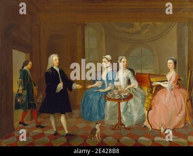 Artista sconosciuto, XVIII secolo, una famiglia servita con tè, ca. 1745. Olio su tela. Biscotto , pezzo di conversazione , famiglia , cibo , interno , uomo , musica , pittura (opera visiva) , pianoforte , pianoforte , pianoforte , ritratto , servo , tavolo , tè , set da tè , teiera , finestra , donne Foto Stock