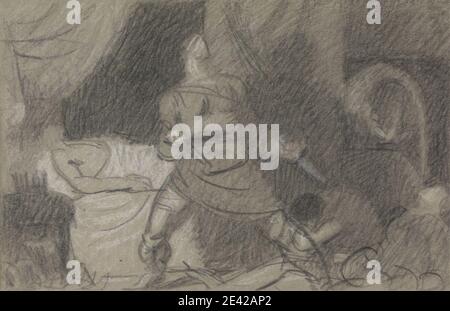 Benjamin Robert Haydon, 1786â–1846, British, The Murder of Duncan - Macbeth with the Daggers, tra il 1809 e il 1811. Grafite, gesso nero e gesso bianco su carta di spessore moderato, moderatamente testurizzata, grigia, wove. Attacco , letto , pugnali , tendaggi , studio di figura , guardie , re (persona) , tema letterario , uomini , omicidio , opere di William Shakespeare , ombre , sonno , la tragedia di Macbeth. Macbeth (personaggio della tragedia di Macbeth) Re Duncan (personaggio della tragedia di Macbeth) Shakespeare, William (1564â–1616), drammaturgo e poeta Foto Stock