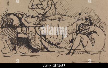 Benjamin Robert Haydon, 1786â–1846, British, The Murder of Duncan - Macbeth Stabbing Duncan, tra il 1809 e il 1811. Penna e inchiostro marrone su carta deposta di spessore moderato, testurizzata, marrone incollata su carta spessa, leggermente testurizzata, crema posata. Attacco , letto , pugnali , tendaggi , studio di figura , guardie , re (persona) , tema letterario , uomini , omicidio , giochi di William Shakespeare , ombre , Addormentato , pugnalato , la tragedia di Macbeth. Re Duncan (personaggio della tragedia di Macbeth) Macbeth (personaggio della tragedia di Macbeth) Shakespeare, William (1564â–1616), drammaturgo e poeta Foto Stock