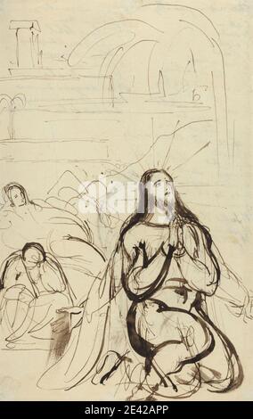 Benjamin Robert Haydon, 1786â–1846, inglese, Studio per, Agony in the Garden, non datato. Inchiostro di penna e marrone, e lavaggio di marrone su mezzo, leggermente testurizzato, crema, carta posata. Architettura , Cristianesimo , discepoli , studio di figura , figure , giardino , alone , inginocchiamento , Passione , preghiera , soggetto religioso e mitologico. Gesù Foto Stock