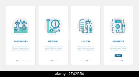 Metodo di misurazione dell'elettricità, illustrazione vettoriale della tecnologia. UX, UI onboarding mobile app page set con ohmmetro di linea elettrica, poli di alimentazione elettrica, simboli tecnici della batteria Illustrazione Vettoriale