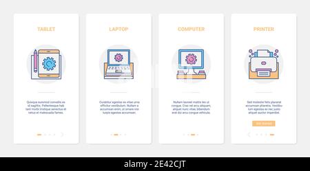 Elettrodomestici per l'illustrazione vettoriale del lavoro freelance. UX, UI onboarding mobile app page set con line computer freelance apparecchiature per il lavoro, stampante tablet simboli laptop Illustrazione Vettoriale