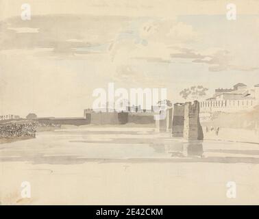 Samuel Davis, 1757â–1819, British, The East Gate at Tanjore (S. India), tra il 1777 e il 1808. Lavaggio grigio, lavaggio marrone e grafite su carta media, leggermente testurizzata, crema. Soggetto architettonico , cancello , fossato , parete. Asia , Tanjore Foto Stock