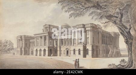 Artista sconosciuto, XVIII secolo, una residenza georgiana, elevazioni frontali e laterali, ca. 1790. Acquerello con penna e inchiostro nero su carta media, moderatamente testurizzata, bianca. Soggetto architettonico , architettura , colonne (elementi architettonici) , ordine corinzio , cupola , elevazioni frontali , georgiano , paesaggio , palazzo , percorso , persone , pilastri , elevazioni laterali , alberi Foto Stock