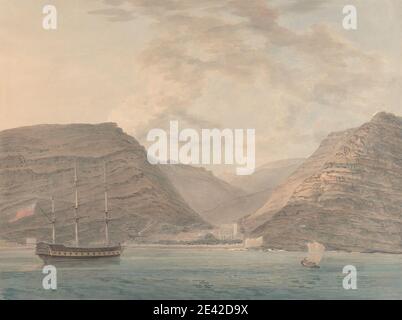Samuel Davis, 1757â–1819, British, Man of War ormeggiato a Harbour, Montagne in background, senza terra. Acquerello, penna e inchiostro nero, e grafite su carta media, leggermente testurizzata, crema, wove, montata su, spessa, moderatamente testurizzata, crema, carta wove. Arte marina , montagna , navi , acqua Foto Stock
