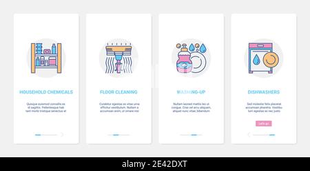 Prodotti per la manutenzione domestica, attrezzature per la pulizia, illustrazione vettoriale. UX, UI onboarding mobile app page set con linea di prodotti chimici per la pulizia domestica, simboli del detergente per lavastoviglie Illustrazione Vettoriale