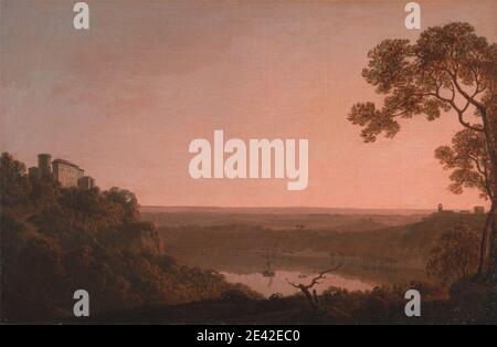 Joseph Wright di Derby, 1734â–1797, inglese, attivo in Italia (1773â–75), lago Nemi, tra il 1790 e il 1795. Olio su tela. Barche , edifici , sera , Grand Tour , Italiano , lago , paesaggio , luce , strada , barca a vela , marinaio , acqua. Italia , Lago di Nemi , Lazio , Roma Foto Stock