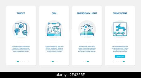 Illustrazione vettoriale del concetto di legge sul crimine. UX, UI onboarding mobile app page set con obiettivo linea di armi criminali pistola e proiettili, scena criminale con corpo umano, luce di emergenza simbolo astratto Illustrazione Vettoriale