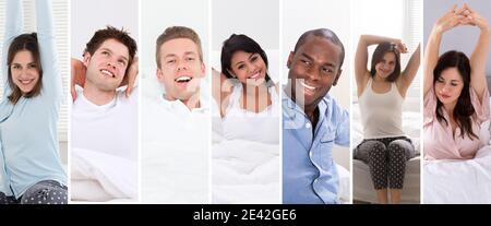 Happy People Wake Up Photo Collage Set Foto Stock