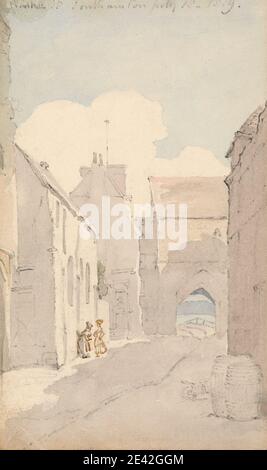 George Shepheard, ca. 1770â-1842, British, Winkle Street, Southampton, 1819. Acquerello, inchiostro nero, e grafite su carta wove media, liscia, crema. Arco , arco , barili , paesaggio urbano , strada , carriola , donne. Inghilterra , Hampshire , Southampton , Regno Unito Foto Stock