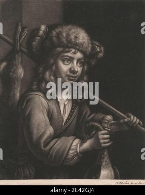 Stampa realizzata da Wallerant Vaillant, 1623â–1677, olandese, Boy Holding a Dead Rabbit, legato a un bastone, dalle gambe Hind, nella mano sinistra, mentre tenendo un morto per il collo, nella mano destra, tra il 1660 e il 1675. Mezzotinta su carta leggermente spessa, moderatamente testurizzata, crema, deposta. Foto Stock