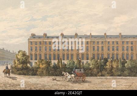 George Sidney Shepherd, 1784â 1862, British, Finsbury Square, 1814. Acquerello, inchiostro, e gouache su moderatamente spessa, leggermente testurizzata, carta di wove crema. Soggetto architettonico , cespugli , carrozza , camini , paesaggio urbano , recinzione , cavalli (animali) , uomini , case a schiera , lampioni , strade , finestre. Inghilterra , Islington , Londra , Regno Unito Foto Stock