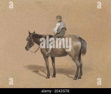 Arthur James Stark, 1831â–1902, britannico, Stable Boy on a Pony, senza dati. Acquerello, gouache, e grafite su carta wove media, liscia, beige. Arte animale , ragazzo , briglia , cavallo (animale) , pony (animale) , redini , sella , arte sportiva , giubbotto Foto Stock