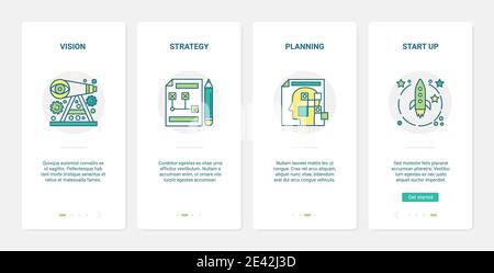 Illustrazione del vettore di pianificazione iniziale della strategia di visione. UX, UI onboarding mobile app page set con simboli di linea con l'inizio di un nuovo progetto di business, investimenti strategici nella pubblicità dei media Illustrazione Vettoriale