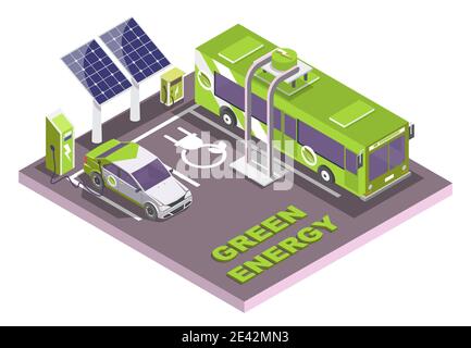 Stazione di ricarica per veicoli elettrici, autobus pubblico e mobile, illustrazione isometrica piatta vettoriale. Trasporto ecologico. Illustrazione Vettoriale