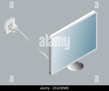 Monitor per computer con presa di corrente in stile isometrico. Illustrazione vettoriale Illustrazione Vettoriale