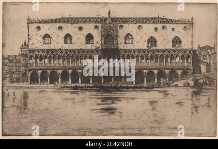 Sir David Young Cameron, 1865â 1945, British, Palazzo Ducale, 1902. Acquaforte e drypoint. arcade , archi , soggetto architettonico , balconi , balaustre, ringhiere e loro componenti , ponte (opera costruita) , edifici , canale , capitelli , colonnato , colonne , bandiere , gondole , gondoliere , laguna , logge , arte marina , palazzo , parapetti , pilastri , prigione , alberi (componenti colonna) , guglie , statua , tracciatura , finestre. Ponte dei Sospiri , Palazzo Ducale , Europa , Canal Grande , Italia , Ponte della paglia , Rio di Palazzo , Laguna Veneziana , Veneto , Venezia , Venezia Foto Stock