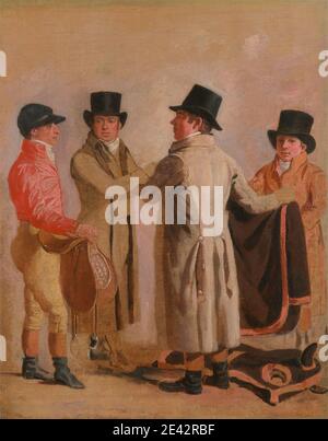 Benjamin Marshall, 1768â–1835, British, The Jockey Frank Buckle, il proprietario-allevatore John Wastell, il suo allenatore Robert Robson, e uno stable-lad, 1802. Olio su tela. Pezzo conversazione , costume , gruppi, lavoro , fantino , uomini , ritratto. Fibbia, Francis [Frank] (c.1770â–1832), fantino Foto Stock