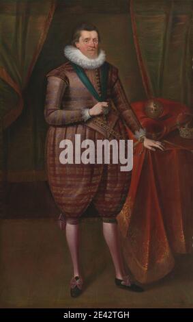 Attribuito a Paul van Somer, ca. 1576â–1621, fiammingo, attivo in Gran Bretagna (dal 1616), Giacomo i d'Inghilterra (Giacomo VI di Scozia), ca. 1618. Olio su tela. Barba , calzoni (pantaloni) , broccato , corona (componente costume) , tende , doppietta , ricamo , re (persona) , pizzo , uomo , baffi , orb , ritratto , nastro , regio , ruff , sigillo , scarpe (calzature) , calze , spada , Tudor. James VI e i (1566â–1625), re di Scozia, Inghilterra e Irlanda Foto Stock