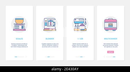 Elettrodomestici da cucina per la cottura vettoriale illustrazione. UX, UI onboarding mobile app page set con linea moderna cuocitore attrezzature, bilancia miscelatore multicooker per cucinare gli alimenti Illustrazione Vettoriale