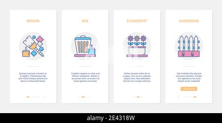 Attrezzatura domestica per lavoro nell'illustrazione vettoriale del giardino domestico. UX, UI onboarding mobile app page set con linea attrezzi da giardinaggio simboli per giardinaggio e piantatura fiori, spazzatrice bin flowerpot Illustrazione Vettoriale