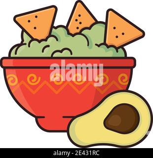 Ciotola di Guacamole con scaglie di tortilla e mezzo avocado isolato vettore illustrazione per Guacamole giorno il 16 settembre. Illustrazione Vettoriale