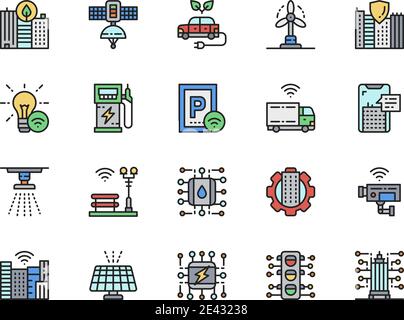 Set di icone della linea a colori Smart City. Città pulita, stazione spaziale satellitare e molto altro ancora Illustrazione Vettoriale