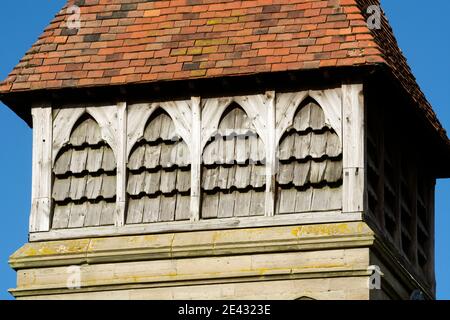 Dettagli della torre, St. James la Grande Chiesa, Old Milverton, Warwickshire, Regno Unito Foto Stock
